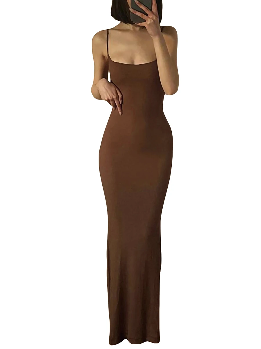 

HEZIOWYUN Womens Sexy Bodycon Long Dress Sleeveless Backless Spaghetti Strap Deep O Neck Solid Color Party Club Sundress