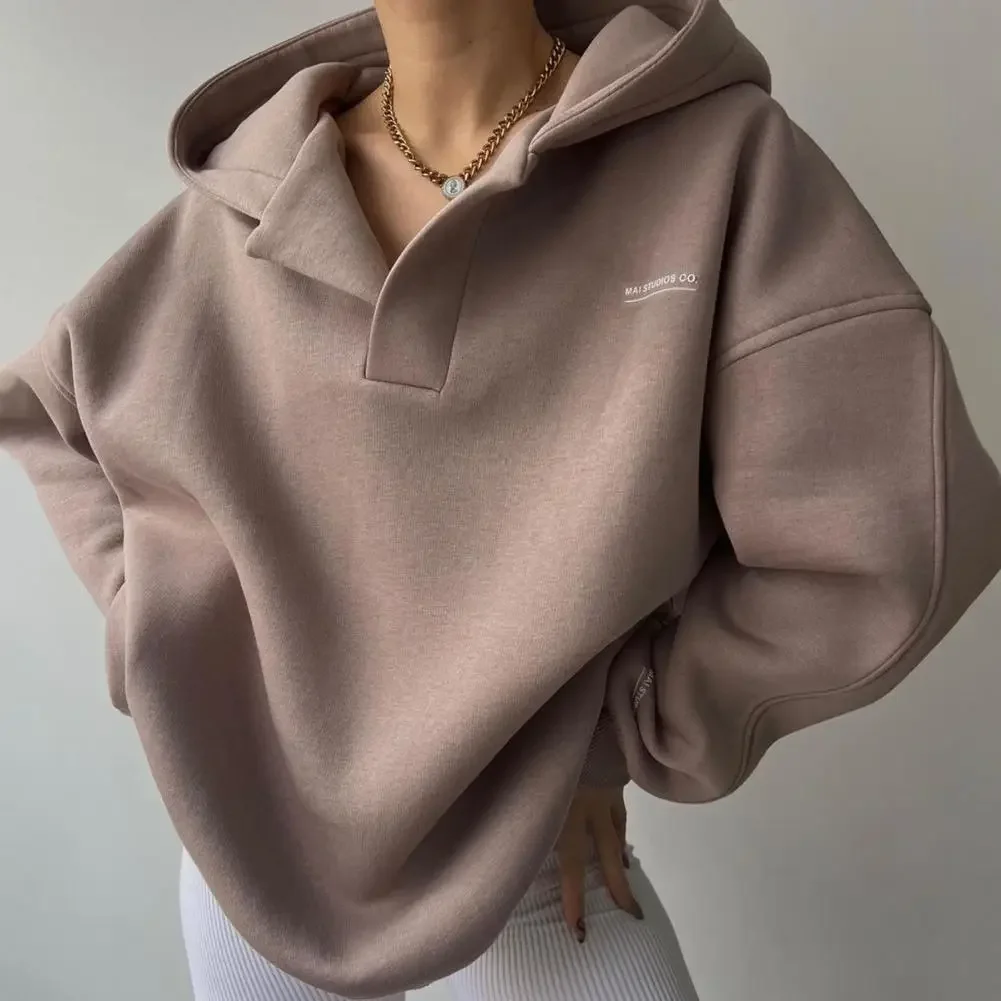 

Long-sleeved Sweatshirt Fashionable Women's V-neck Hoodies Stylish Solid Color Pullover Tops for Autumn Winter for Streetwear
