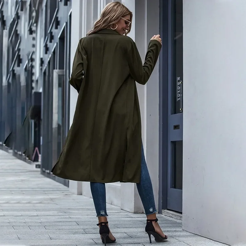 Women Solid Colors Windbreaker Style Blazer Single Breasted X-Long Suits Street Indie Fashion 2023 Office Commute Casual Blazers