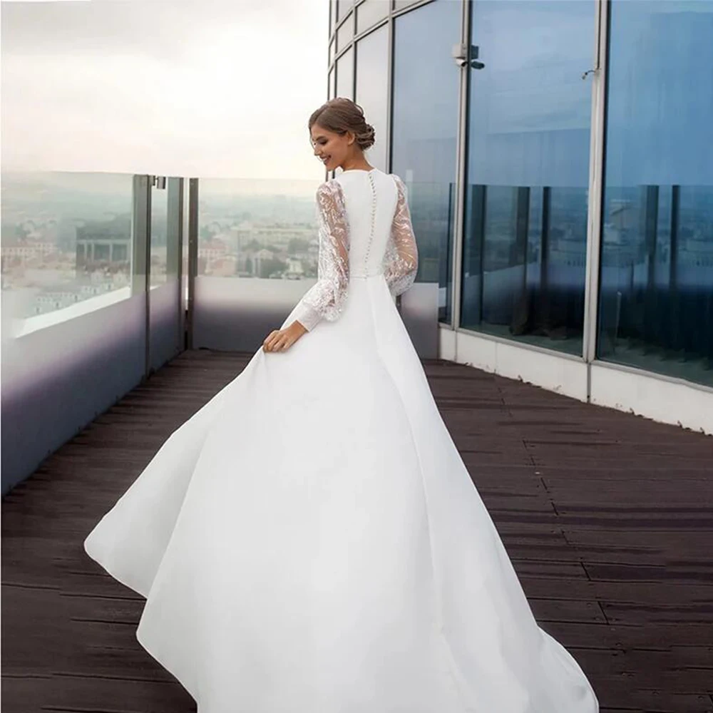 Abito da sposa Sexy con scollo tondo maniche lunghe in pizzo abito da Cocktail con spacco laterale alto 2024 bottone posteriore in Chiffon treno Vestido De Novia