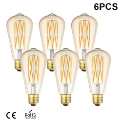6pcs E27 Retro Edison LED Filament Bulb Amber glass ST64 12W 16W 220V Light Bulb Warm White 2700K Bulb Decorative Light