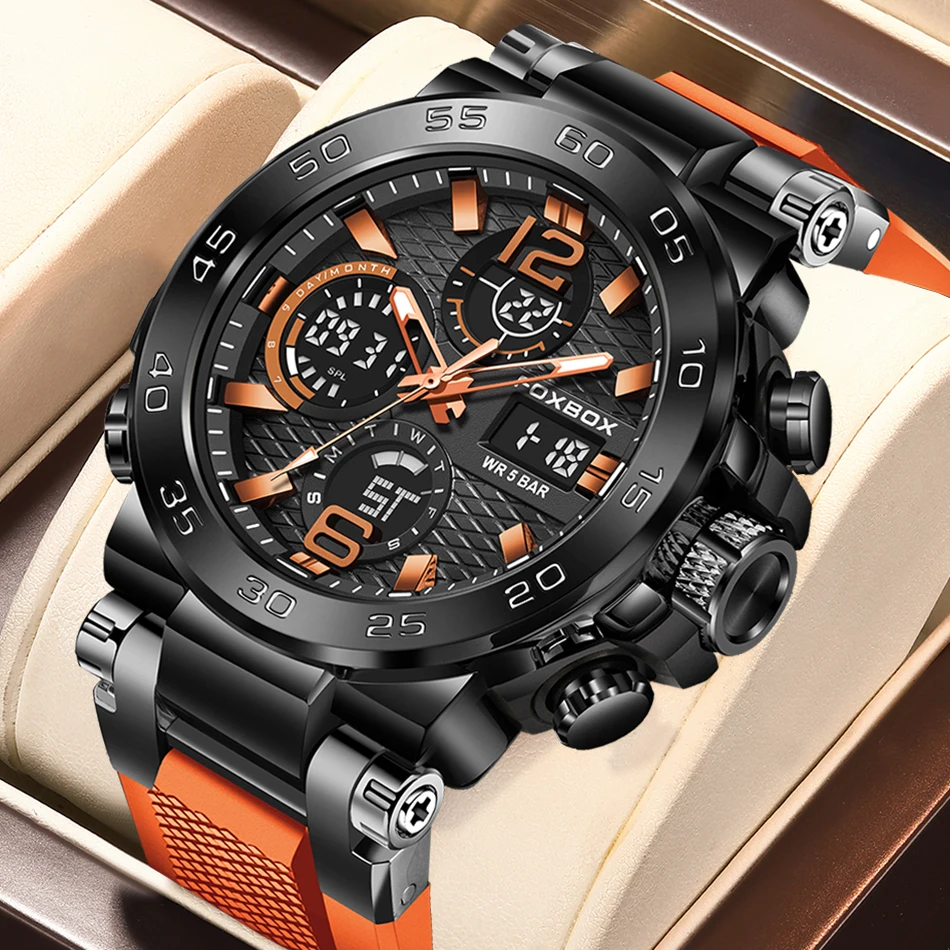 FOXBOX Fashion Big Dial Watch Men Casual Sports Military Quartz Men Watch Silicone Waterproof Alarm Chronograph Montre Homme+BOX