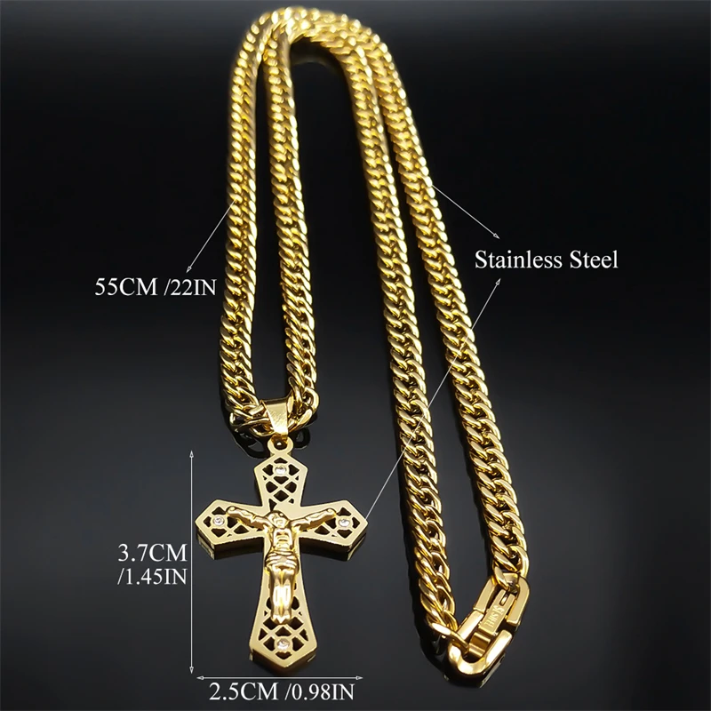 Gold Stainless Steel Jesus Christ Crucifix Pendant Necklace - Religious Punk Jewelry