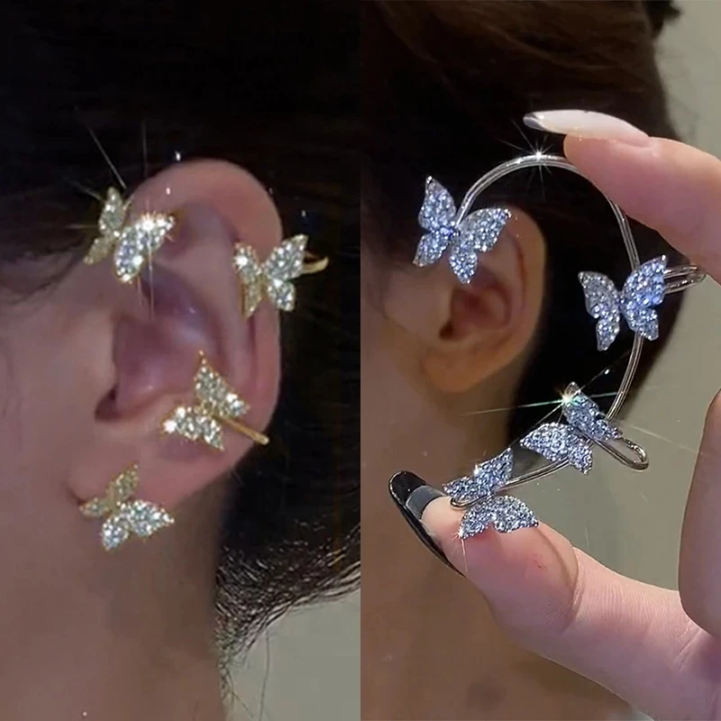 Silver Plated Metal Butterfly Ear Clips Without Piercing For Women Sparkling Zircon Ear Cuff