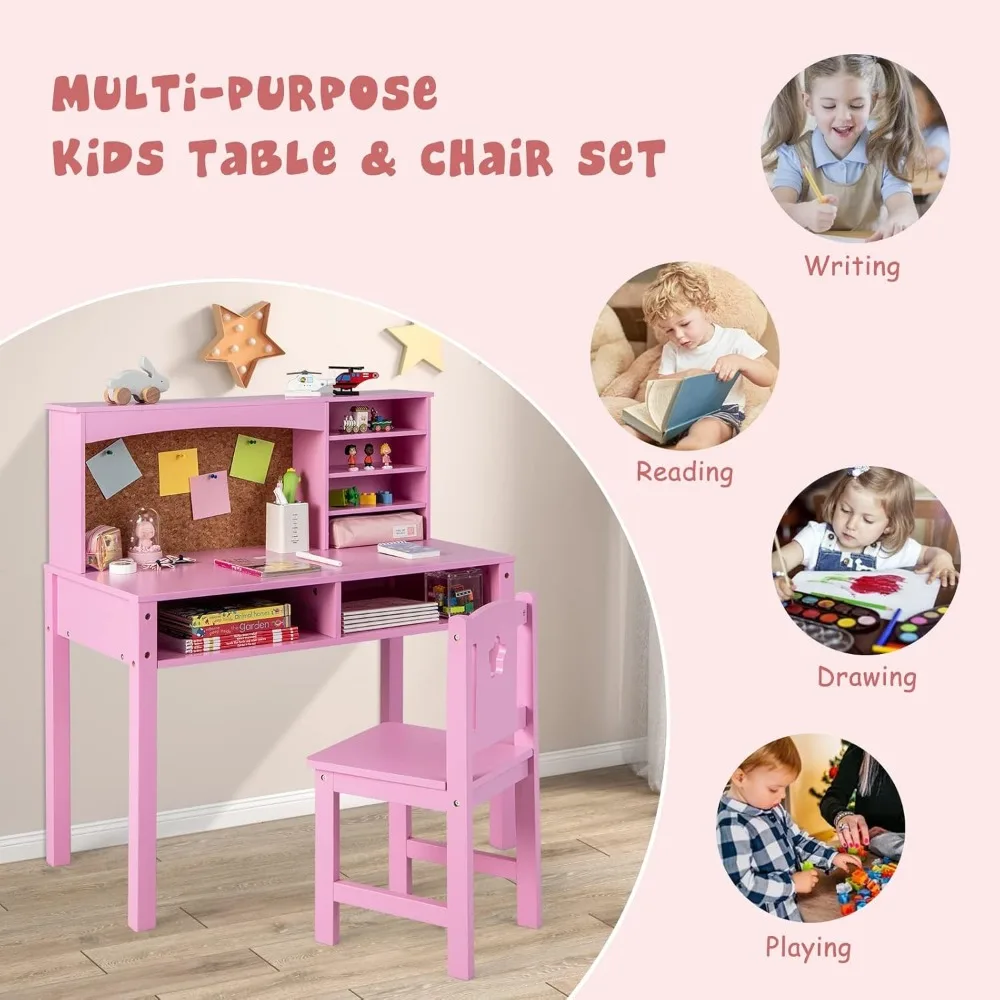Kids Desk and Chair Set, Wooden Study Desk for Kids with Storage,Hutch, Cork Bulletin Board,Student Writing Computer Workstation 2