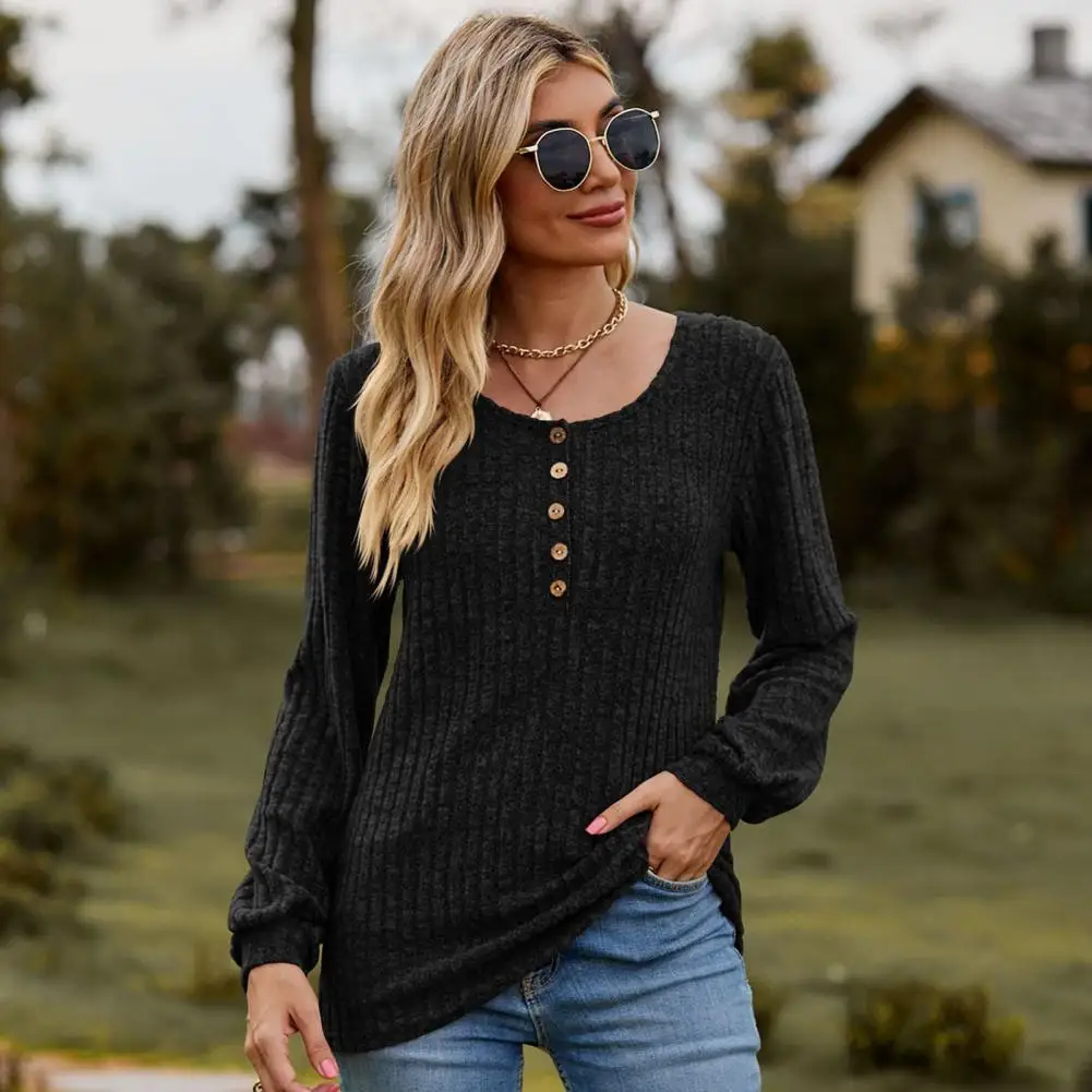 

Casual Button-up Shirt Button Top Stylish Women's Striped Texture T-shirt Button Decor Elastic Cuff Soft Breathable for Spring