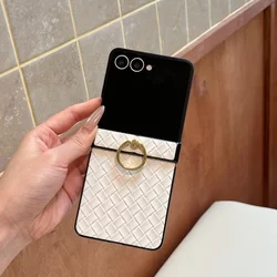 Premium PU Leather Flip Ring Holder Case with Hinge Protection Cover - Galaxy Z Flip5 (WHITE)