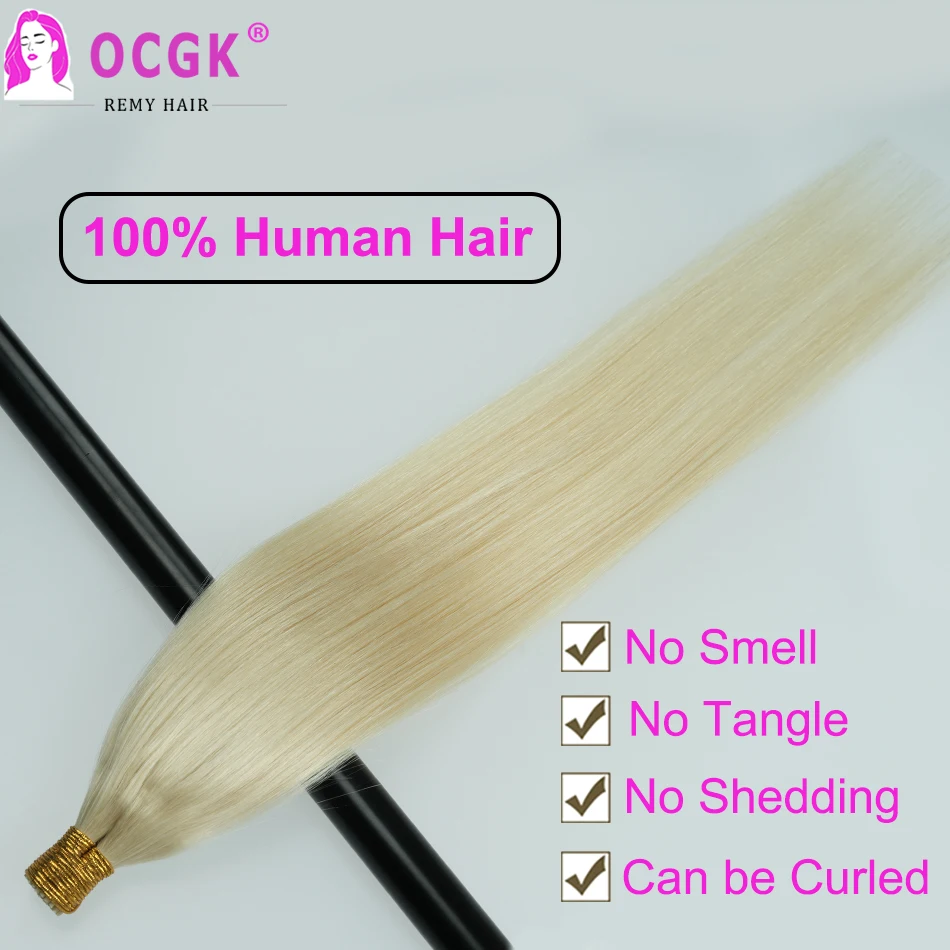 60# Straight I Tip Hair Extensions Human Hair Platinum Blonde Pre Bonded Remy Human Fusion Extensions For Women 12-26Inch