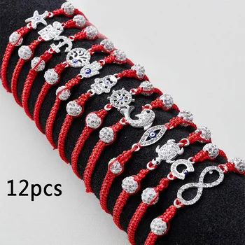 12 Pçs/set Evil Eye Pulseira Conjunto para homens e mulheres tecido pulseira vermelha ajustável para proteger a amizade 1