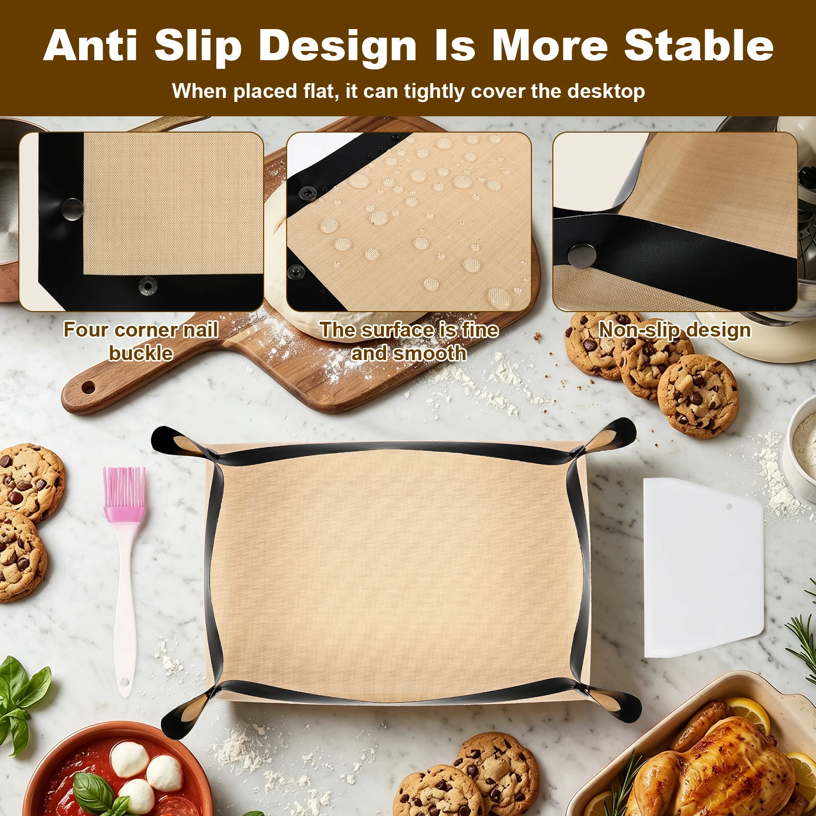 Silicone Fiber Non-Slip Baking Mat with Scraper and Brush