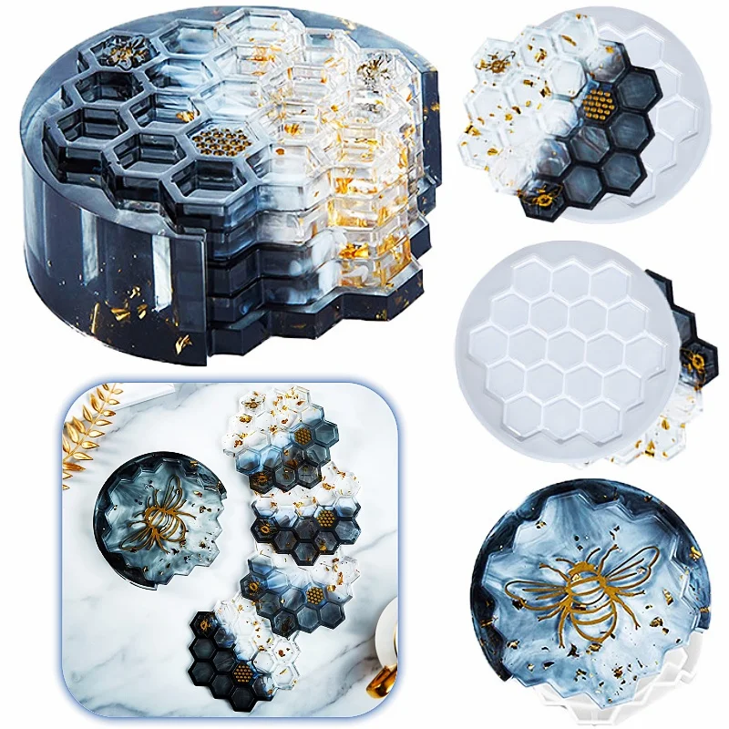 Honeycomb Coaster Resin Molds Set with Storage Box for DIY Crafts and Home Decor
