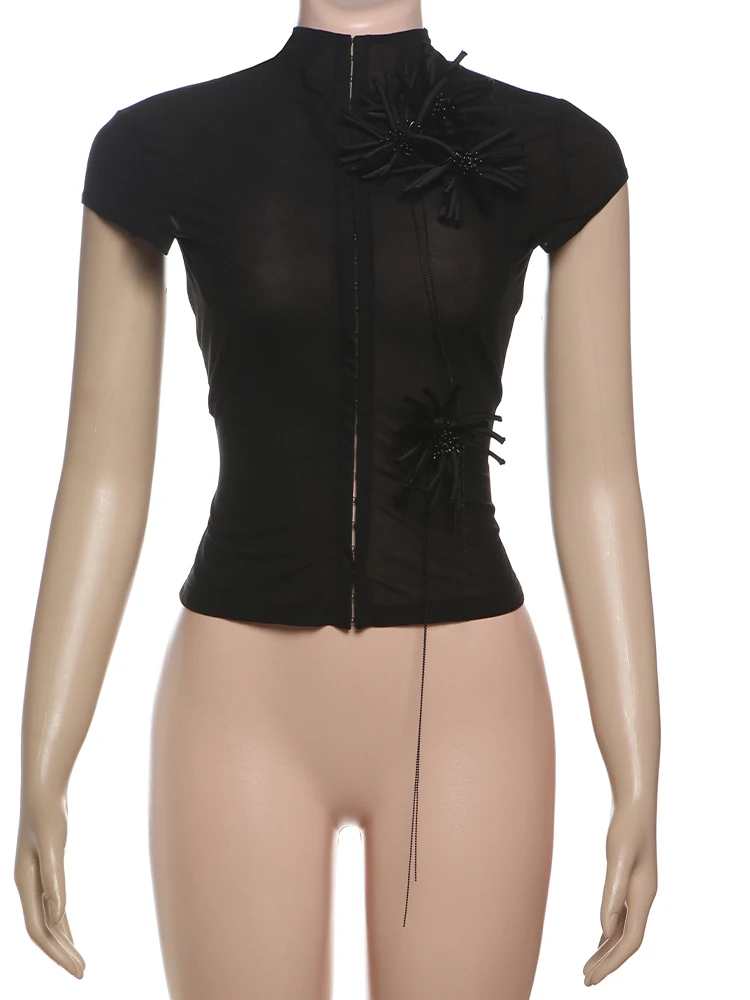Nibber See Through t-Shirt Women Single-Breasted Half-High
