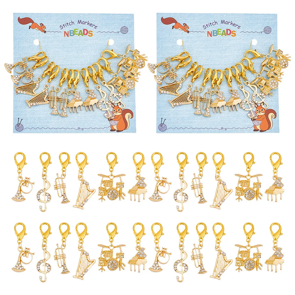 

24PCS Music Theme Stitch Markers Alloy Rhinestone Crochet Lobster Clasp Charms Locking Stitch Marker with Wine Glass Charm Ring