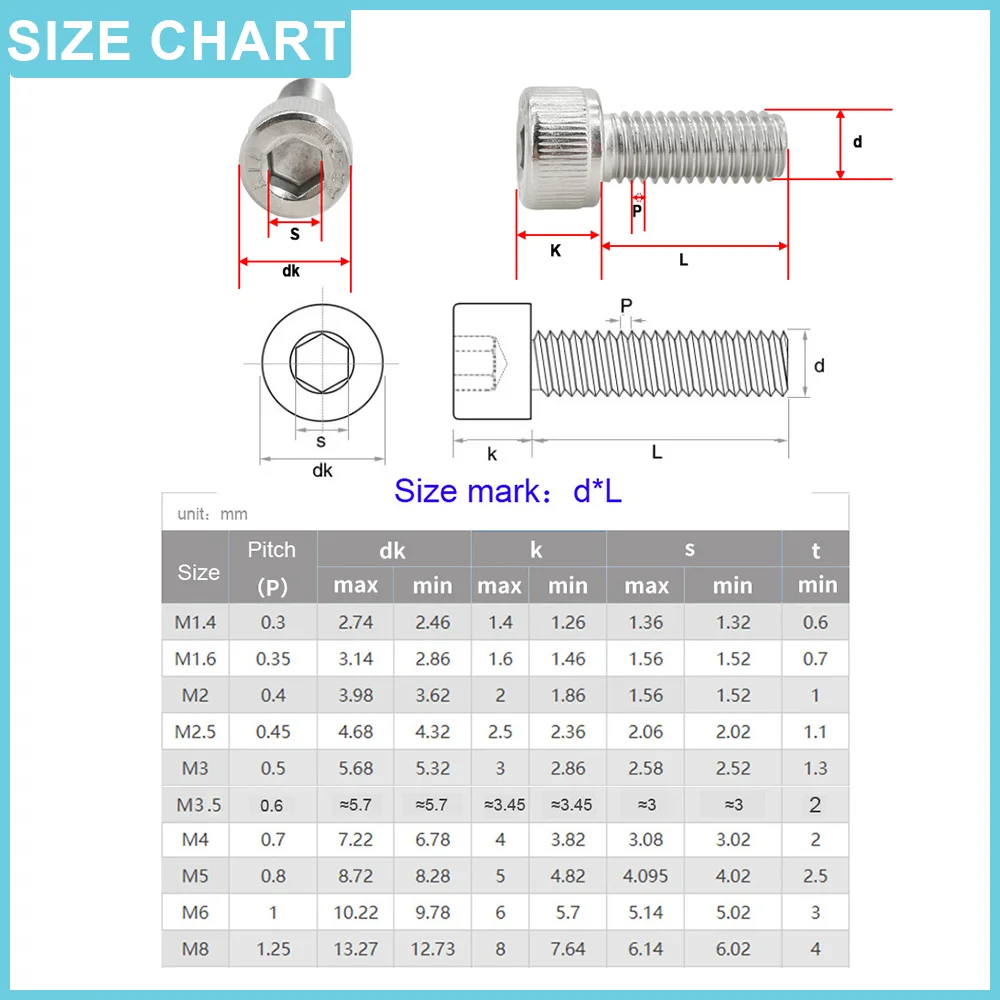 304 Stainless Steel Bolts And Nuts Set M2 M3 M4 M5 M6 Hexagon Hex Socket Screws Allen Cap Head Bolt Nut Set Assortment Kit