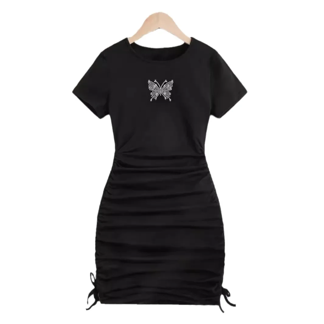 Black Bodycon Mini Dress Short Sleeve Women's Casual Skirt Tight Fit Summer Dress for Big Kids And Adults