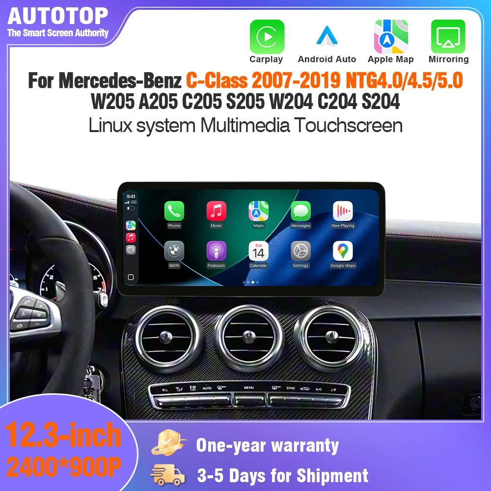 AUTOTOP Pantalla Táctil Multimedia para Automóvil de 10.25/12.3 Pulgadas para Mercedes-Benz Clase C W204 C204 S204 W205 A205 C205 S205 2007-2019 NTG4.0 NTG4.5 NTG5.0, CarPlay Inalámbrico, Android Auto, Estéreo para Automóvil Ultrafino de 12.3 Pulgadas con Bisel Ultraestrecho, Control OEM con Perilla y Volante 2