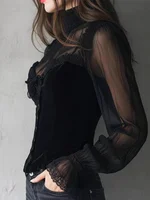 Chemisier en maille Vintage pour femmes, élégant, col haut, garniture en dentelle, manches longues, Corset en velours, haut à la mode, chemisiers gothiques décontractés 3