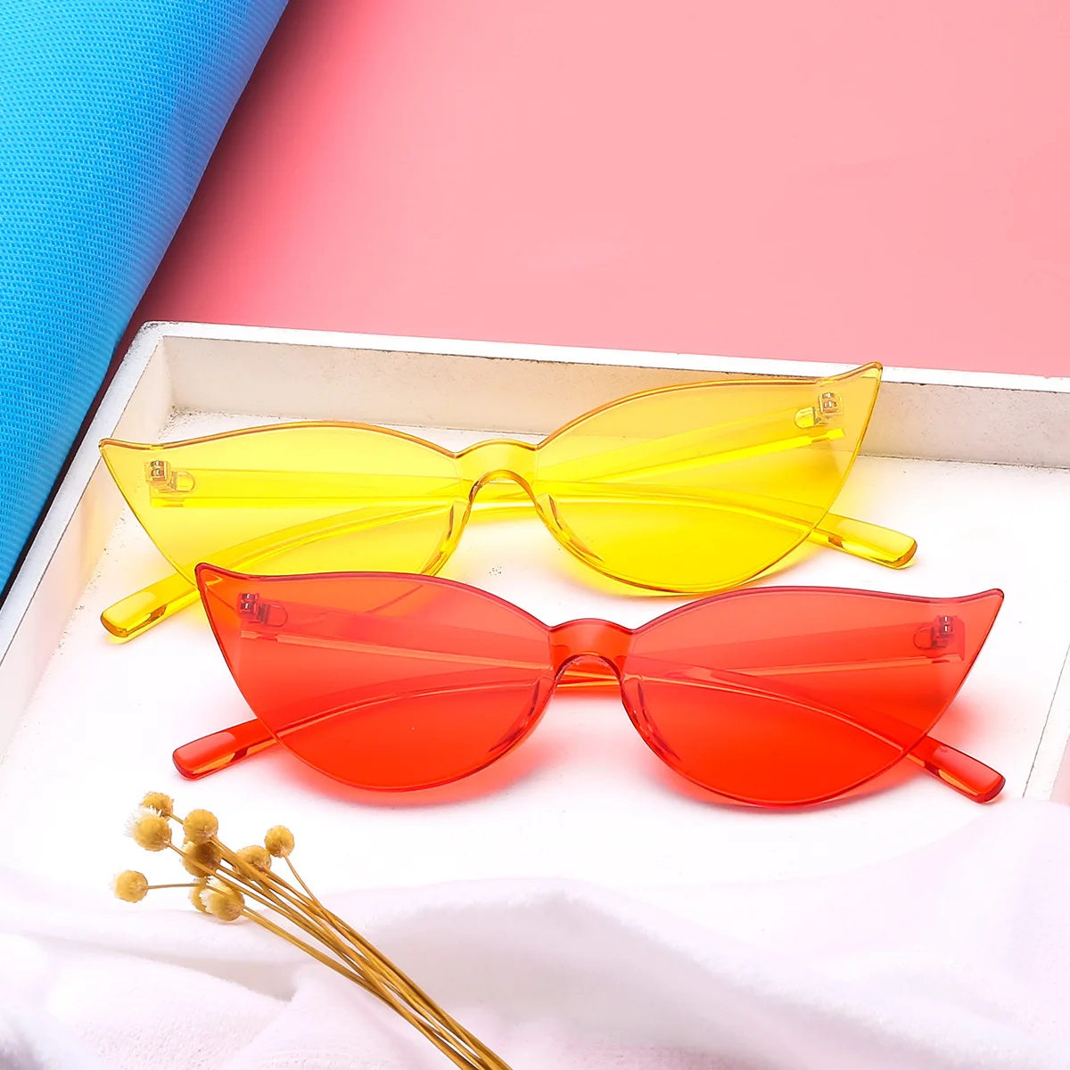 

FOENIXSONG Sunglasses Rimless for Women UV400 Pink Blue Red Gray Green Orange Eyewear Cat Eye Female Sun Glasses