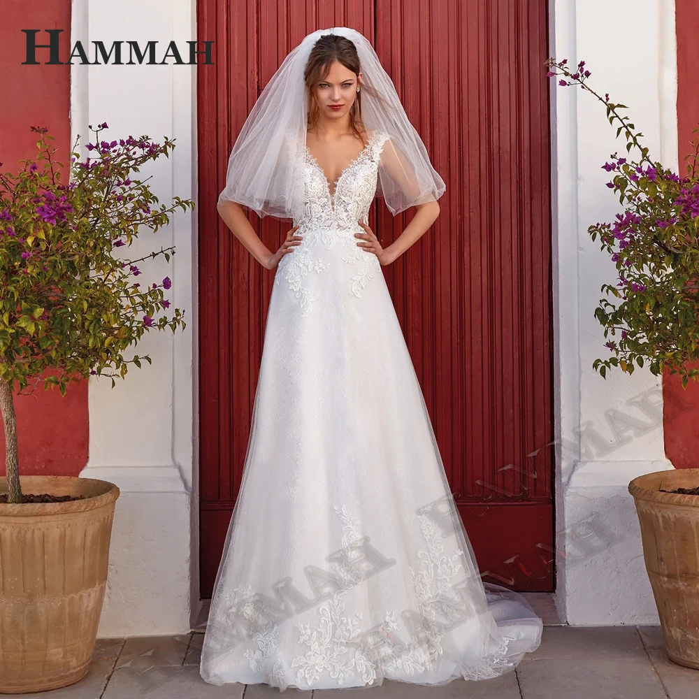 

Современное свадебное платье HAMMAH с V-образным вырезом, новинка 2023, ТРАПЕЦИЕВИДНОЕ элегантное Тюлевое платье без рукавов, свадебное платье со шлейфом