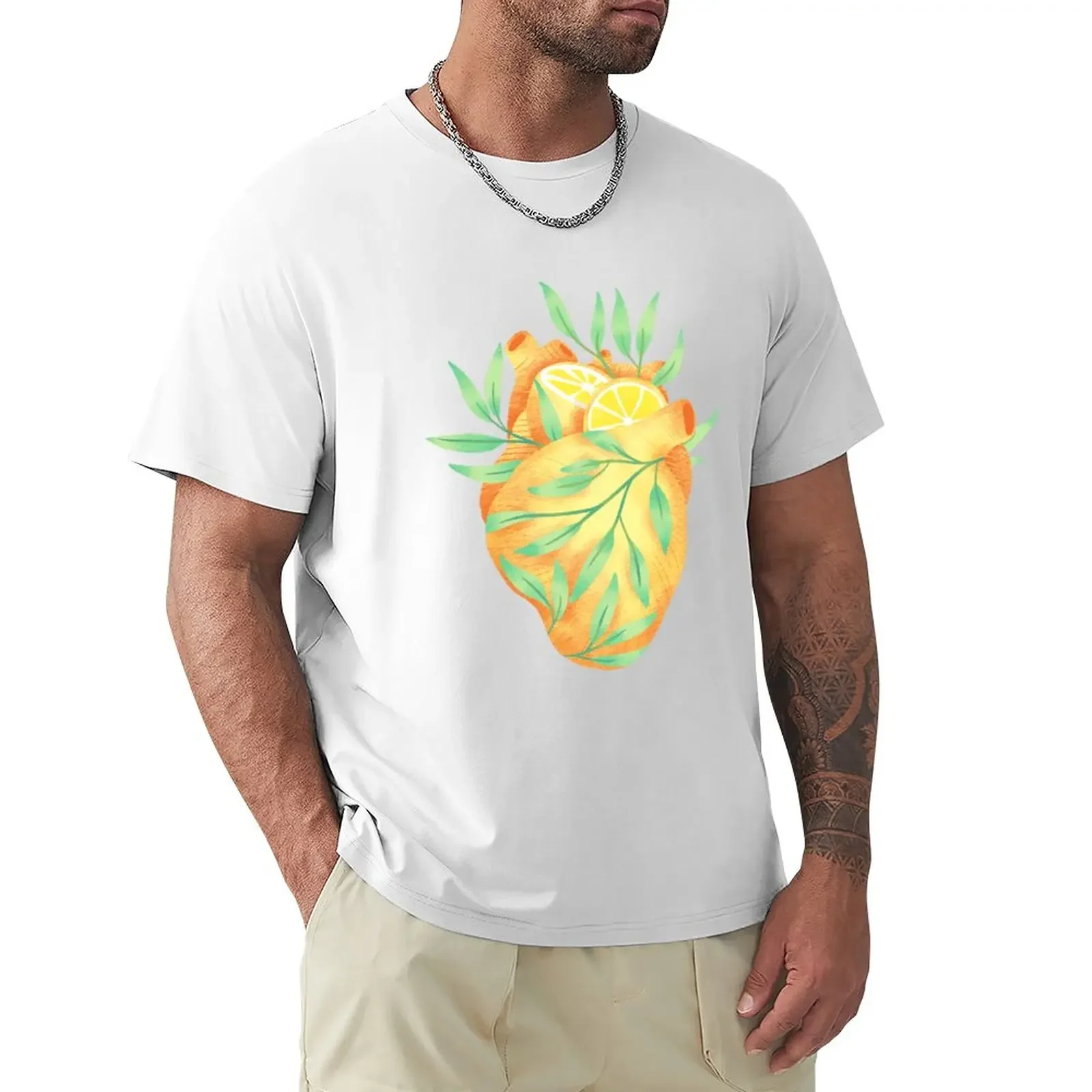 

Gorgeous hand drawn lemon slices and anatomical heart punky unique art illustraton T-Shirt blanks heavy weight t shirts for men