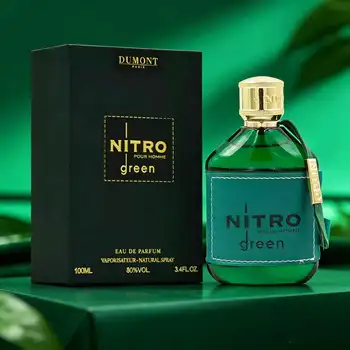 DUMONT NITRO GREEN men's perfume is a fresh wooden fragrance, with cedar, sandalwood and musk, calm and elegant, green and gold packaging, high class atmosphere, showing a gentleman's style. 1
