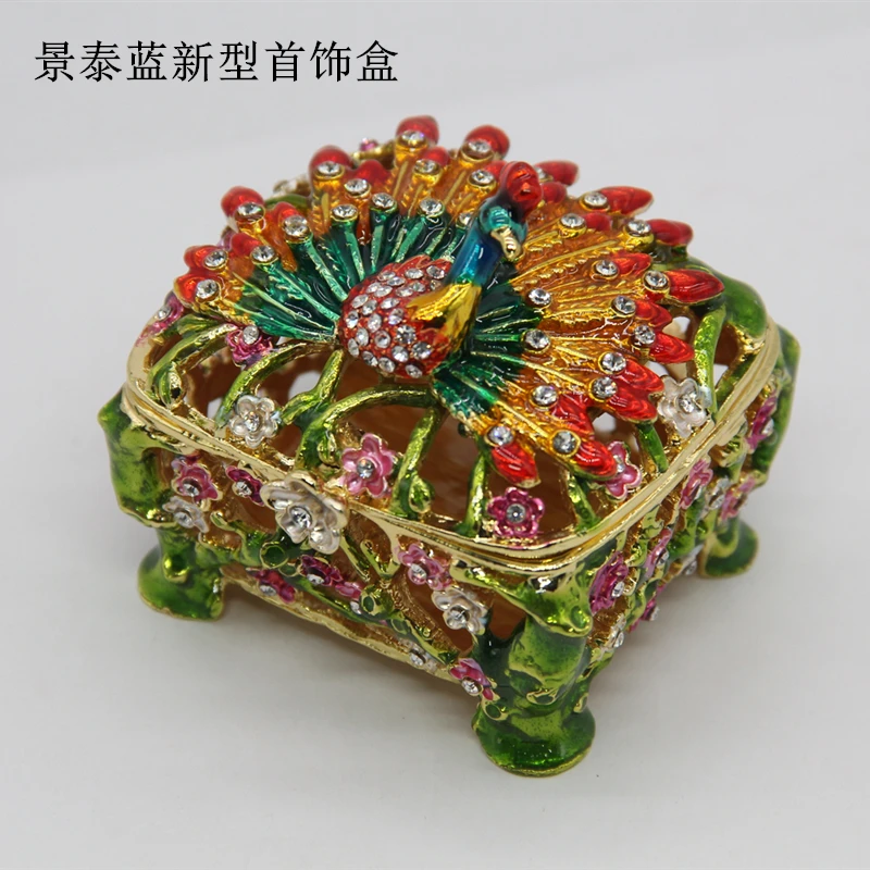 Old Beijing New Cloisonne Enamel Peacock Diamond Jewelry Box Home Office Display Color Diamond Box