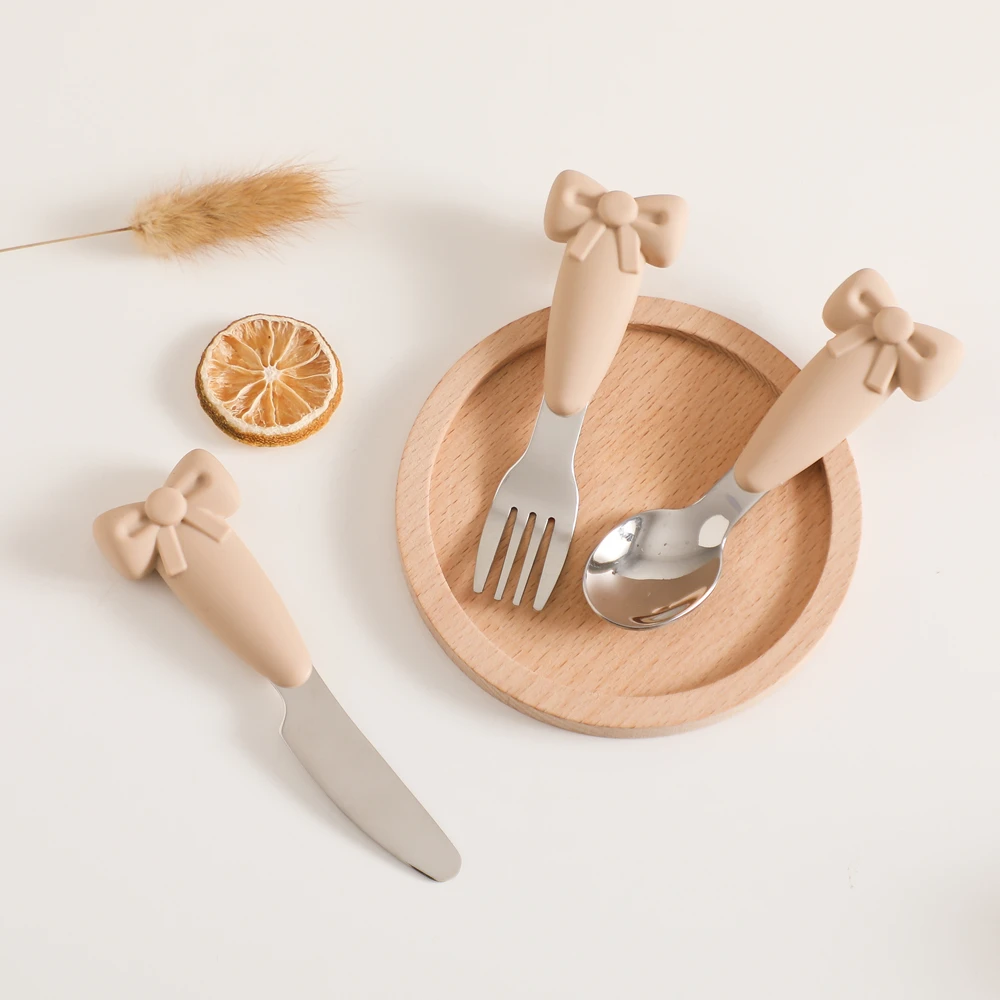 Baby Tableware Set BPA Free Silicone Bow Dish Tie Bowl Fork Food Plate Stainless Spoon Non-slip Tableware Newborn Feeding Tool silicone meal set silicone feeding set baby tableware set
