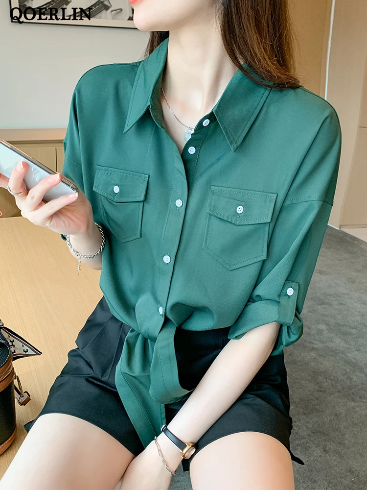 QOERLIN Short Chiffon Shirts Women Korean Fashion Lace-Up Three Quarter Roller Sleeves Buttons Tops Blouse Office Ladies Elegant рубашка shirt men marguerite three quarter sleeves shirt pocket summer men casual top workwear shirts for men рубашка мужская