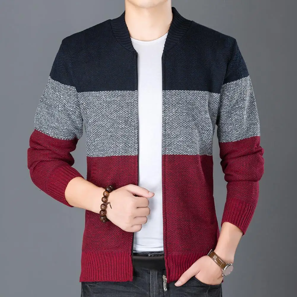 Men's Sweater Autumn Winter Men Contrast Color Stripes Knitting Cardigan V-neck Long Sleeve Slim Fit Zipper Placket Sweater Coat