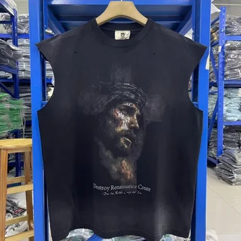Vintage Washed T-Shirt Men Saint Black Heavy Cotton Distressed Hole  Portrait Sleeveless Oversized Tee 1