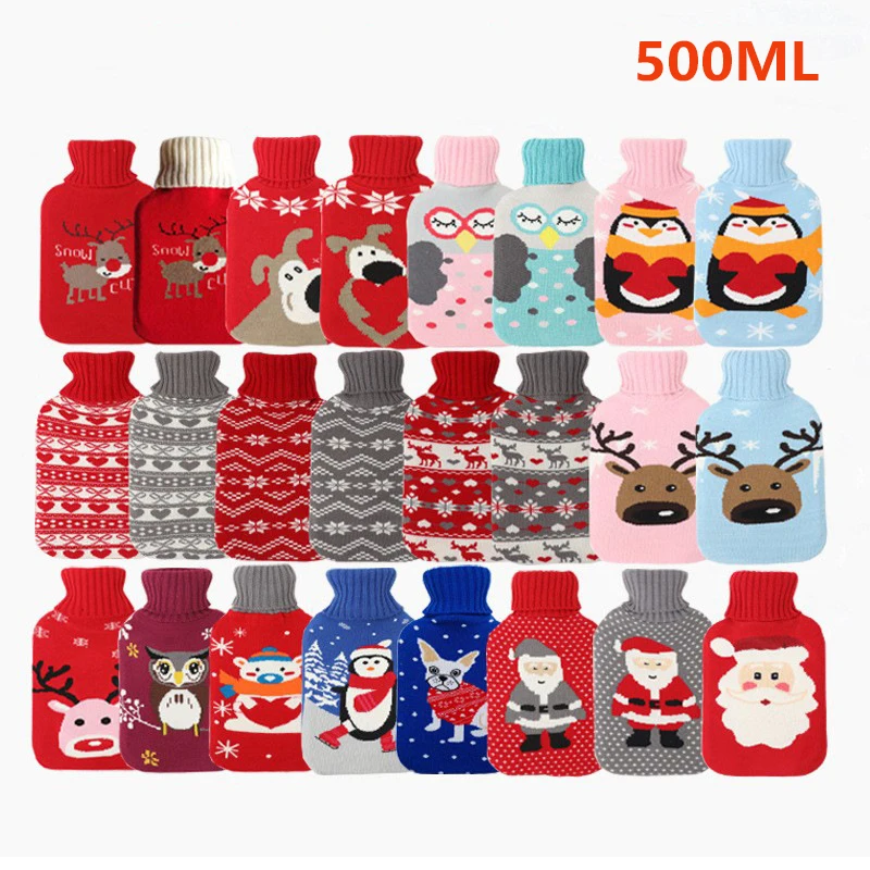 500ML Hot Water Bag Hot Bottle Bag Rubber Bag Warm Relaxing Heat Cold Therapy with Christmas Cover Gift Knitted Mesh Covers