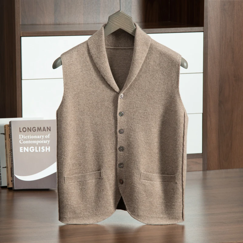 ZOCEPT High Quality Goat Cashmere Vest for Men Autumn Winter Casual Knitted Business Lapel Sweater Sleeveless Cardigan Waistcoat 5