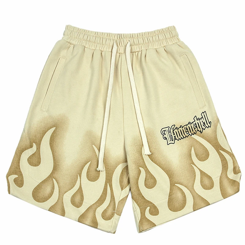 2023 Men Cotton Jogger Shorts Summer Track Short Black Hip Hop Streetwear Harajuku Shorts Sweatpants Fire Flame Printed Shorts