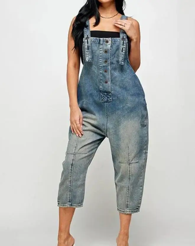 thumbnail image 1 of Monos largos elegantes para mujer 2023, sin mangas, diseño de bolsillo de mezclilla, mono con tirantes abotonado, nueva moda, informal, de una pieza, 1 of 5