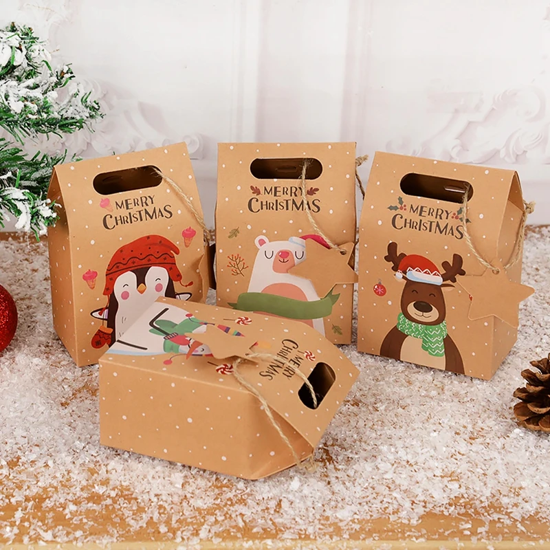 6pcs Merry Christmas Candy Gift Box with Tag Kraft Paper Cookies Gift Packing Bags 2023 Xmas Party Home Decoration New Year 2024