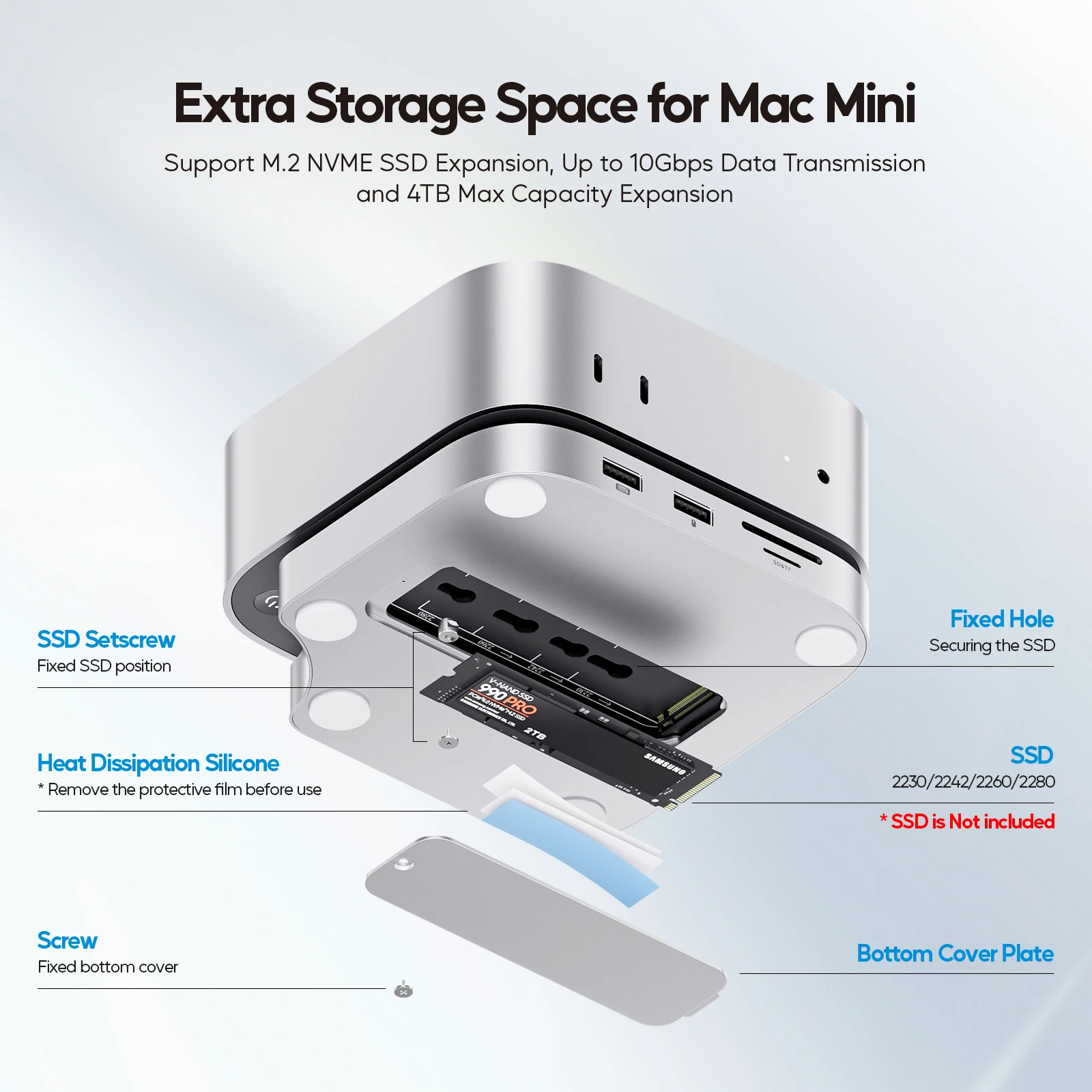 PULWTOP Mac Mini M4 Hub Stand with M.2 SSD Enclosure, with HDMI 4K 60Hz,  USB C Hub Accesorios for Mac Mini 2024 M4 Pro 3