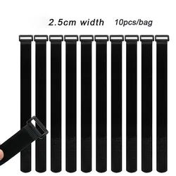 Set of 10 Reusable Black Nylon Hook and Loop Cable Straps - Multipurpose Adjustable Securing Ties, 2.5cm Width - 2.5cmx60cm (Black 2.5cm 10pcs)