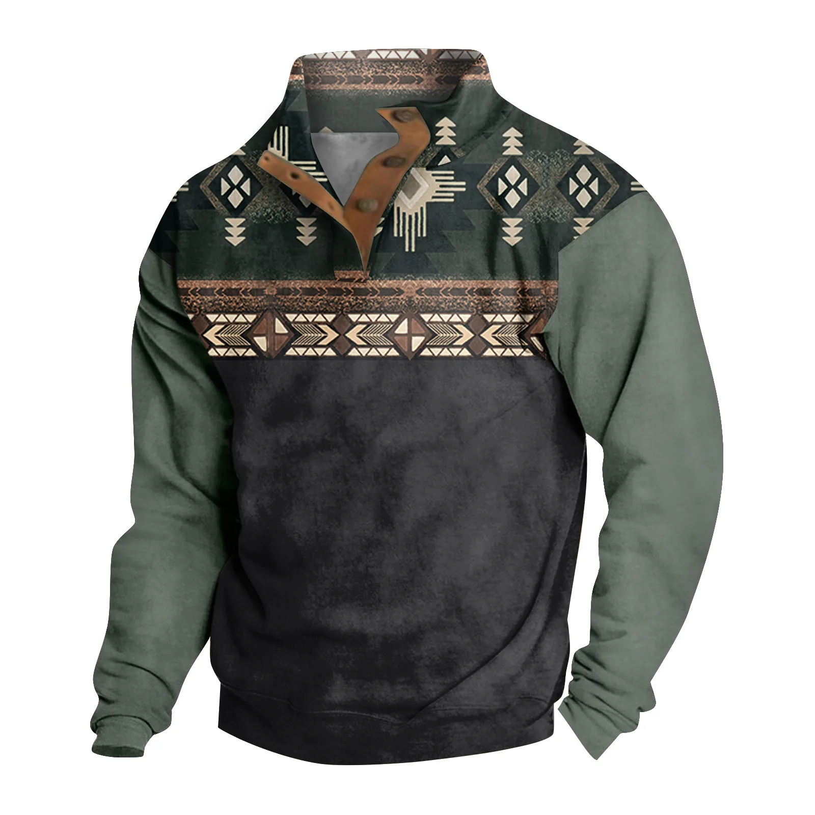 

New Ethnic Splicing Print Pullover Spring Autumn Men'S Stand Collar Button Sweatshirt Casual Outdoor Long Sleeves Tops Ropa