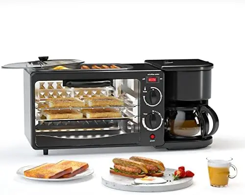 

Station, Toaster with Frying Pan, Portable Oven Breakfast Maker with Coffee Machine, Non Stick Die Cast Grill/Griddle for Bread