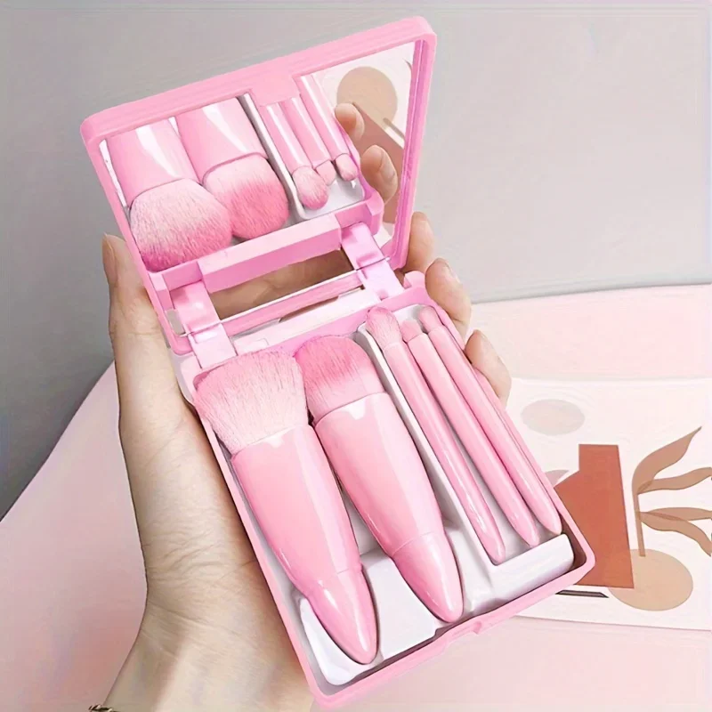 Mini Makeup Brush Set Travel Makeup Brush Set，5Pcs Portable Makeup Brush Set With Mirror -  Foldable Travel Kit 6