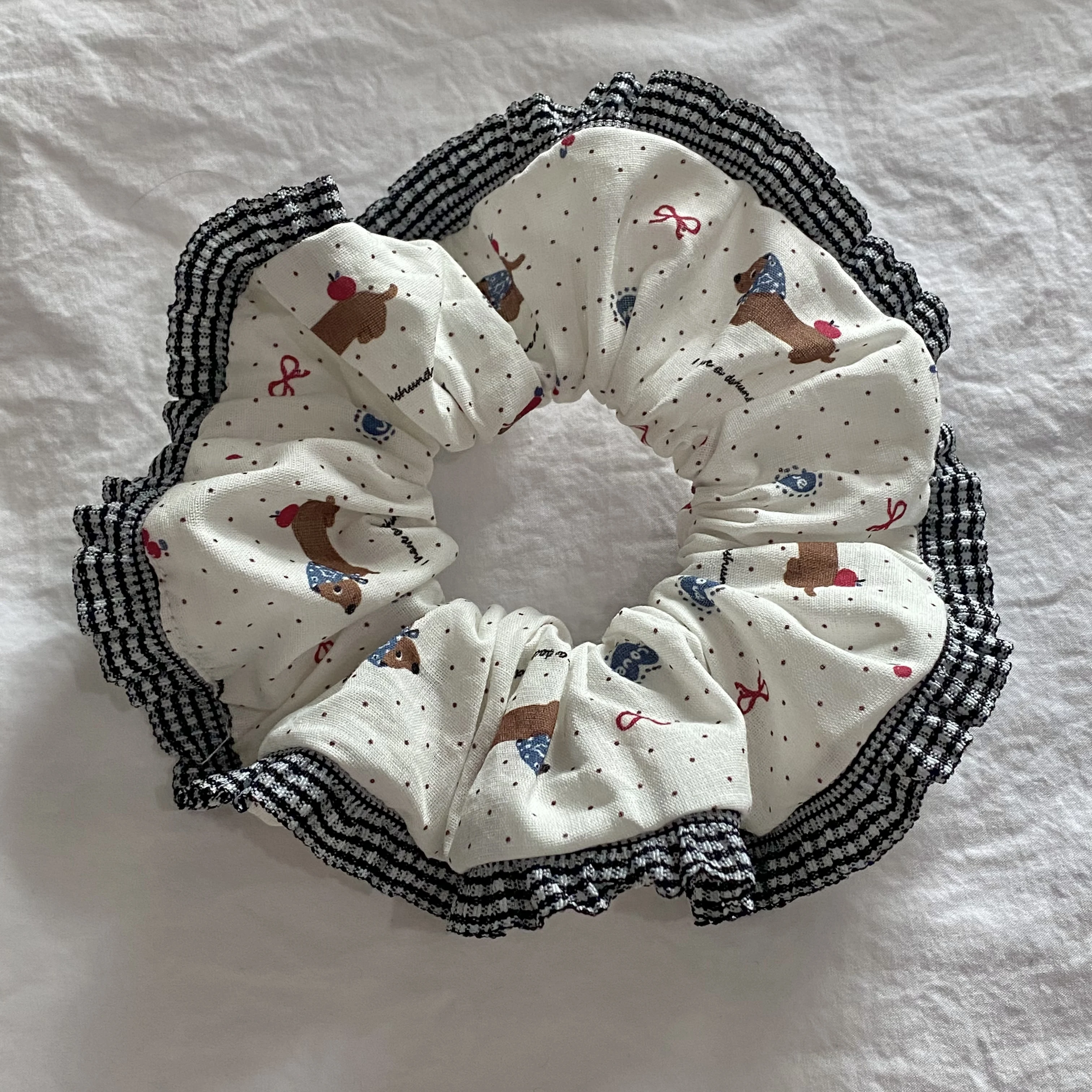 1PC Cute Dog Print Hair Scrunchies Set, Assorted Sizes With Gingham Trim, Adorable Hair Accessories For Women And Girls