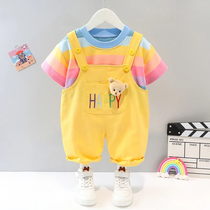 vintage Baby Clothing Set Summer children's suit new cartoon rainbow short sleeved top strap shorts suit Baby Girls and Boys bear letter printing suit baby's complete set of clothing