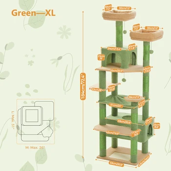 184cm Large Cat Tree Tower for Indoor Cats With Sisal-Covered Scratching Posts Spacious Hammock Padded Perches and Condos Green 3
