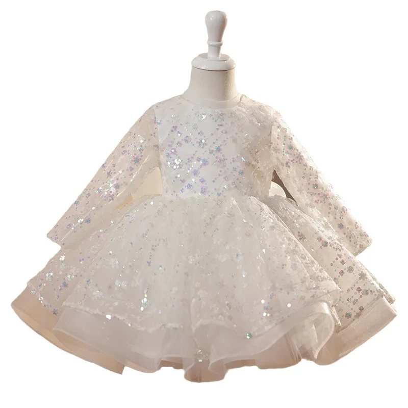 Sequin Long Sleeve White Girls' Birthday Party Dresses for Weddings Kids' Formal Prom Evening Gowns Children's Eid easter Dress