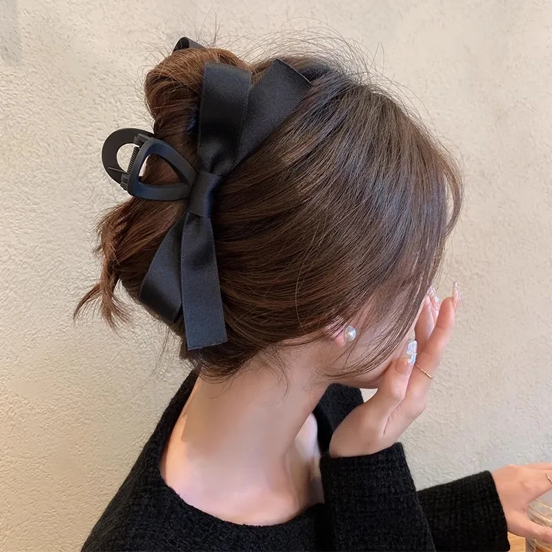 Fashion Black Hair Clip with Double-Sided Bow, Large Hair Accessory for Women, Updo Back Head Shark Clip, Headdress
