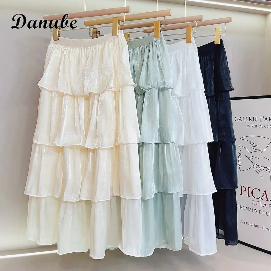 

Vintage Multilayer Pleated Long Skirt Women Elegant Design High Waist Midi Skirt Harajuku Korean Style A-Line Skirt Faldas Saias