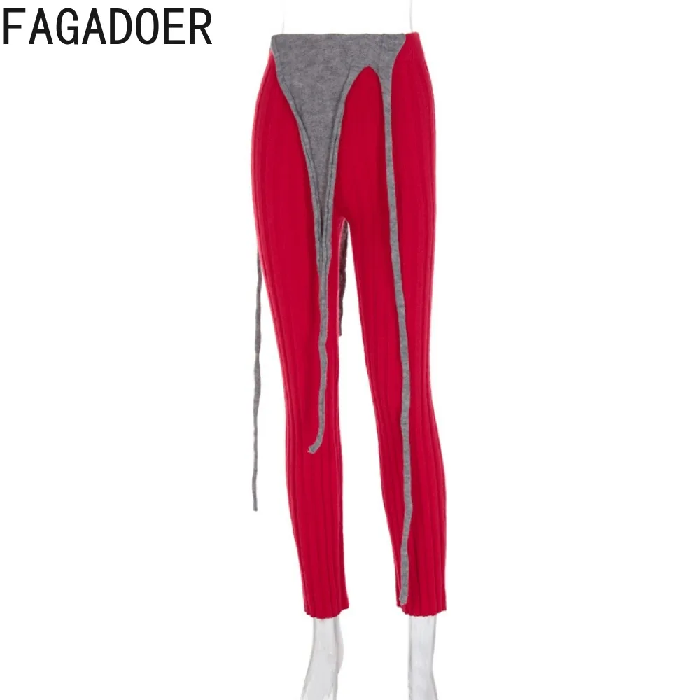 FAGADOER Winter Casual Knitting Skinny Pants Women High Waisted Tassels Design Trousers Female Solid Matching Streetwear Bottoms