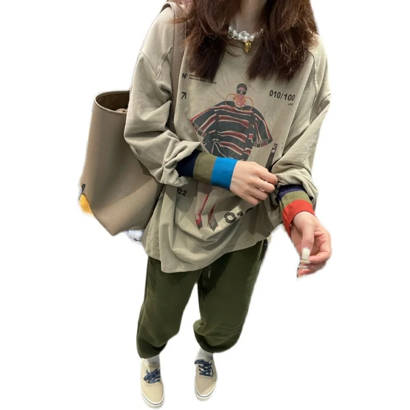 Loose Long Sve T-irt Women's Base irt Spring Autumn New Korean Version round Ne Letter Cartoon Pattern Patchwork Sve