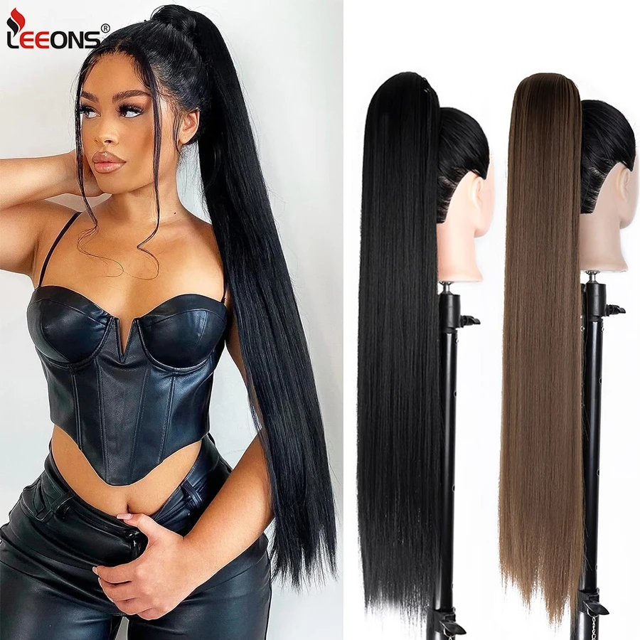 talang corn wavy long ponytail synthetic for women hairpiece wrap on clip hair extensions black brown pony tail blonde hair Leeons 33inch  85Cm Ponytail Extension Wrap Around Long Straight Clip in Pony Tail Hair Synthetic Hairpiece for Women Daily 1Pc