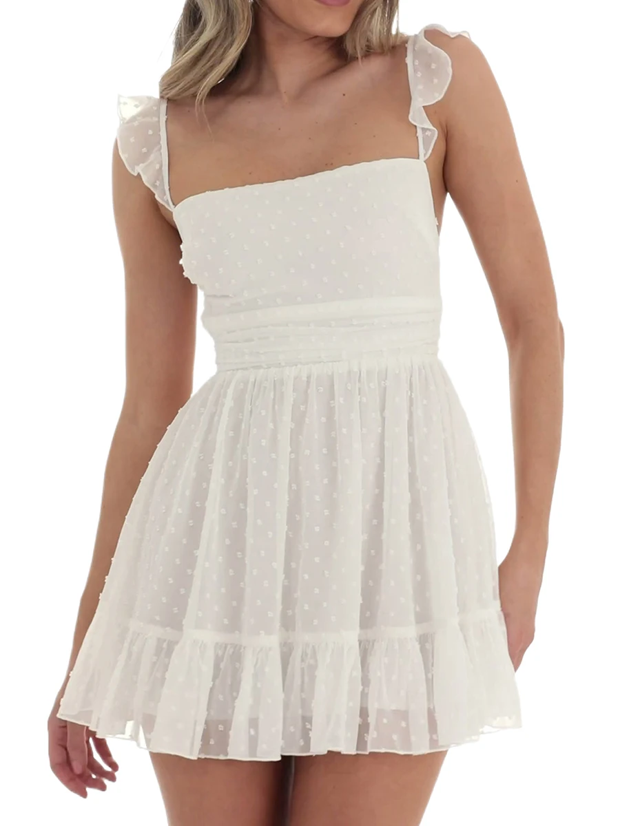 

Women Mesh Dot Print Ruffle Mini Dress White Y2k Backless Short Tank Dress Sleeveless A-line Flowy Party Cami Dress